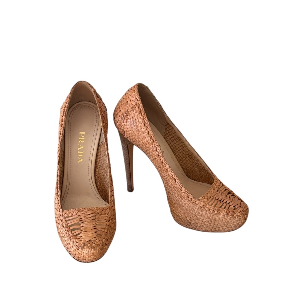 Prada Raffia Woven Leather Madras Platform Heels Basket Weave Pumps 38.5/8.5